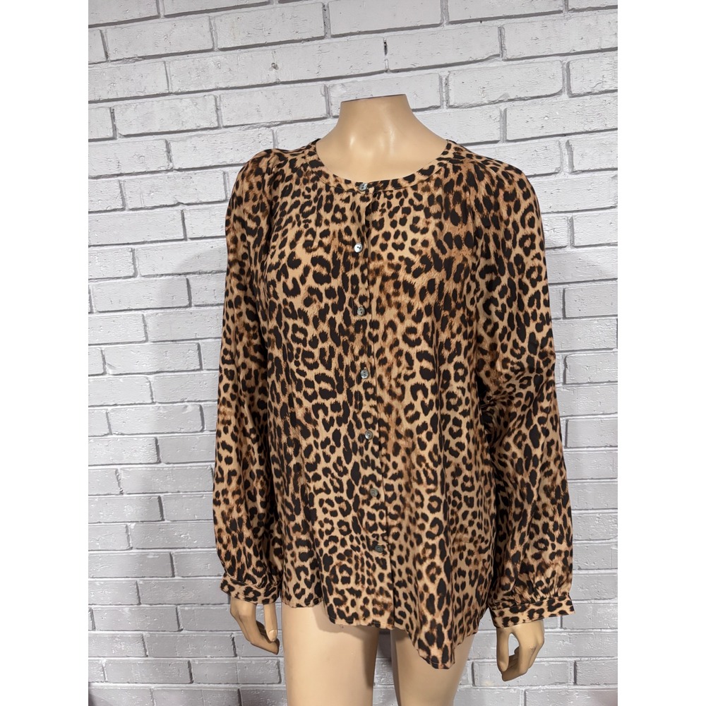 J.Jill Leopard Print Button Front Blouse Brown Tan Black Statement NWT M